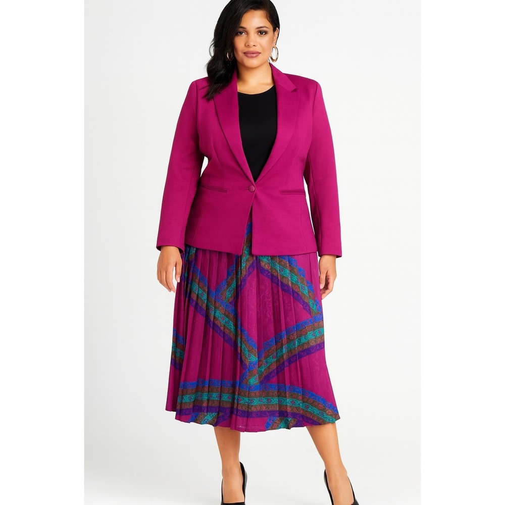 Vintage Pleated Skirt Midi Silky Geometric Retro Purple